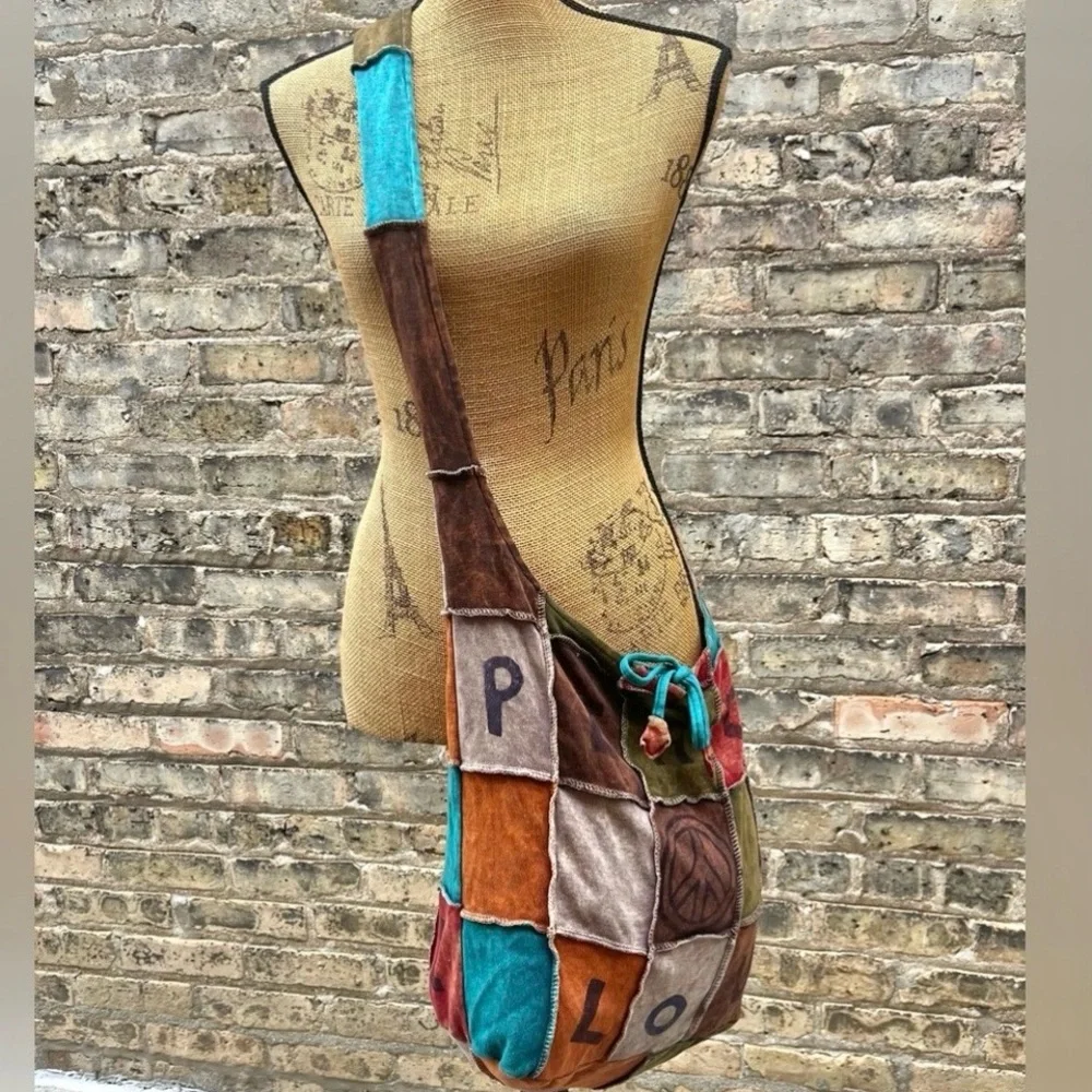 Patchwork Crossbody Hobo Bag PEACE LOVE Graphic Boho Multicolored
